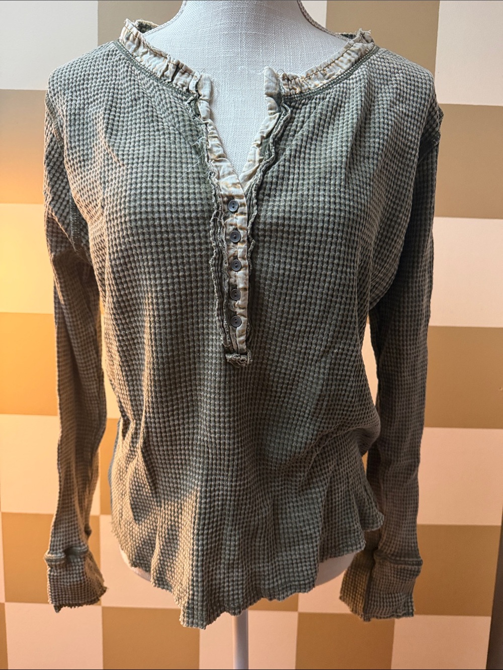 Relaxed Olive Green Waffle Henley Long Sleeve Top